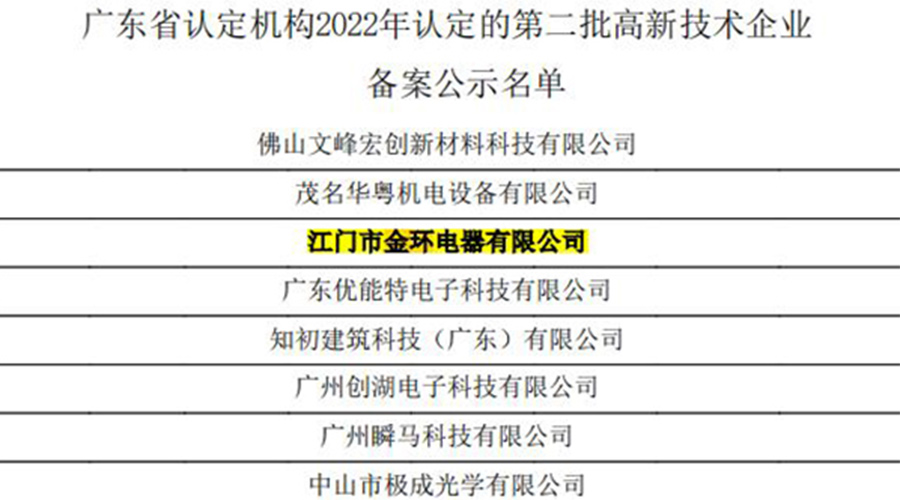 好消息！金環(huán)電器再次通過國家級“高新技術(shù)企業(yè)”認定